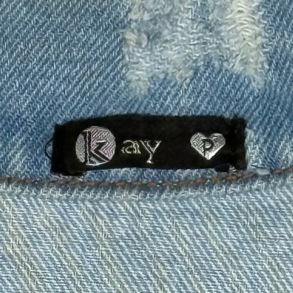 One-Of-A-Kind Distressed Denim Jacket Red Beaded Hearts Light Wash - Picture 4 of 6